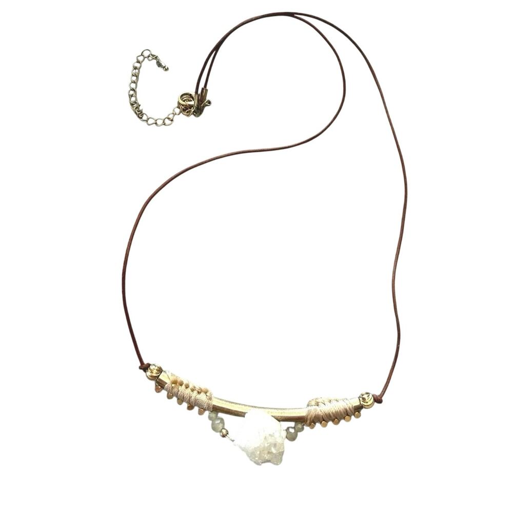 Necklace Vintage Handmade Gold tone rod with beads and crystal points brown cord